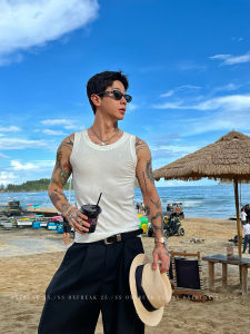 OXFREAK Beach Holiday Solid Color Vest Mens Slim Fit Sport Fitness Sleeveless Shoulder Pad Tank Top Cotton Breathable Summer