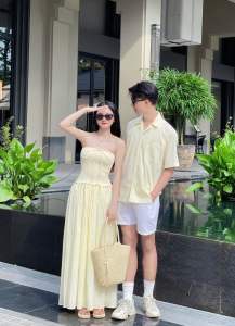 Set đồ đôi màu vàng trơn váy nữ hở vai thân áo chạy thun ôm dáng