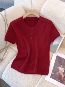 AIYITI | Red Short Sleeve Knit Top Slim Fit