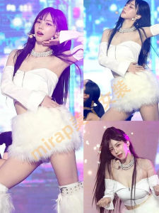 White Furry Stage Performance Outfit Korean Female Group Dance Song Suits Aespa Jazz Show Group Stage Performance Clothes