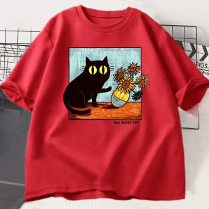 Sanrio | Van Gogh Cat Graphic Cartoon T Shirts Women Flower Black Cat T-shirt Round Neck Short Sleeve Trendy Tee Shirt Streetwear