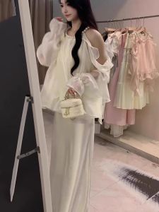XUECAIQI | French Style Slimming Summer New Large Size Ladies Off-Shoulder Blouse and High Waist Skirt