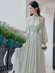 Elegant French Romantic Slimming Beaded Waist Cinched Fairy Tale Style Long Dress Womens Fashionable Classy Sensation Gown