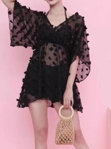 ชุดว่ายน้ำบิกินี่ลูกไม้ ชุดสามชิ้น ฤดูร้อน 2024 เสื้อคลุมกันหนาวแบบมีฮู้ด แขนยาว กระโปรงสั้น เอวกลาง สไตล์สตรีท