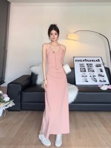 Pink French Style Tea Break Dress Womens Summer Base Layer Waist Cinch Halter Neck Long Dress A-Line Skirt Backless Trend