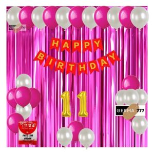 PAKET SET DEKORASI ULANG TAHUN / BANNER HAPPY BIRTHDAY MERAH BALON PUTIH MIX TIRAI PINK TUA