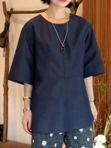 SUOXIMENG | เสื้อคอตั้งแขนยาวสีน้ำเงินเข้มไซส์ใหญ่สำหรับผู้หญิง ฤดูใบไม้ร่วง 2025 เสื้อผ้าทำงานลำลองสไตล์เรียบง่าย