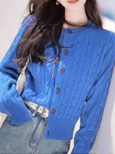Blue Dopaamine Style Knitted Sweater Cardigan Womens Fashion Aging Reduction Autumn Winter New Style Fufu Twist Outerwear Top