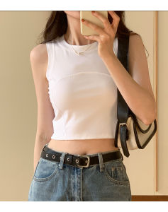 เสื้อกล้ามแขนกุดคอวีผ้าฝ้ายแท้สีขาวสำหรับผู้หญิง เสื้อชั้นในแขนกุด ดีไซน์เก๋ไก๋ เสื้อสั้นแบบสวมหัว ทรงเข้ารูป