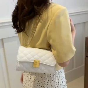 WENKEN BAGS#113 Women`s quilted shoulder crossbody bag features distinctive geometric square gold turn-lock clasp