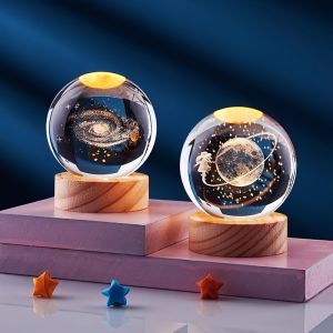 1pc Saturn  2.36in 3D Solar System Crystal Ball with LED Lighting Ball Laser  Carved  Glass Ball Modern Material Decoration Gift