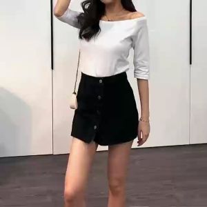 Lucky stars พร้อมส่ง กางเกงกระโปรงยีนส์เอวสูงทรงเอ สไตล์เกาหลี ผ้ายีนส์แท้