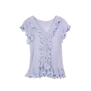 YUEZHONGWEI | French V-neck Yellow Ice Silk Knitted Short Sleeve Slim Fit T-shirt Summer Unique Beautiful Waist-cinched Short Style Top