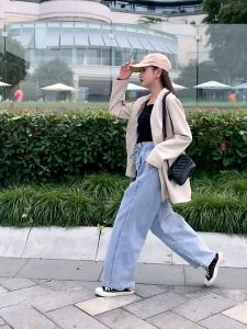 กางเกงยีนส์ขายาว เอวสูง (Size : S-2XL) ทรงขากว้าง มีเชือกมันปรับความกระชับที่เอว