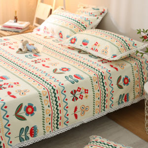 ผ้าปูเตียงผ้าหยาบแบบเก่าพร้อมขอบลูกไม้เสื่อเย็นผ้าปูเตียงผ้าฝ้ายแท้ผ้าลินินหนาพิเศษแบบสดชื่นสําหรับฤดูร้อนลายดอกไม้เล็กสไตล์คันทรี่