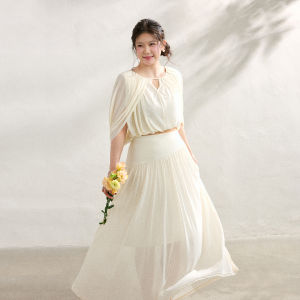 ZHANGDAREN | Bộ Áo Chiffon Tay Batwing Giảm Cân Size Lớn và Chân Váy Xòe Cao Waisted