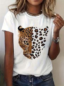 Half Leopard Face & Print Womens Tee - Animal Graphic Trendy Casual Top