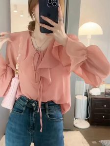 Pink Chiffon Blouse with Lace-up Collar and Flounce Details