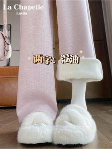 Pink Fleece Lined Wide Leg Pants Womens Casual High Waist Trousers Korean Style Commute Pocket Detail Polyester Blend
