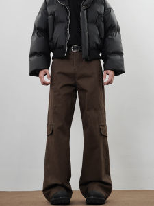 FILFR American Retro Brown Work Pants Mens Womens High Street Trendy Design Straight Loose Micro Flared Pants Casual Leisure