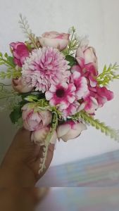 Chậu hoa hỗn hợp hồng tú cầu để bàn VI107 ( hoa lụa cao 21 cm chậu sứ đường kính 9cm) hoa giả trang trí