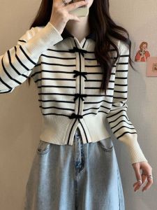Gentle Korean Style Unique Cardigan Sweater Womens Spring & Fall New Arrival Silm Short Polo Collar Contrast Color Striped Retro Tops
