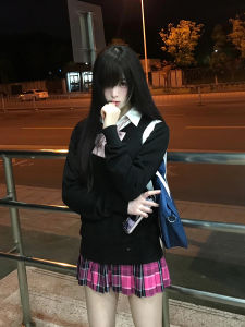 ต้น ฤดูใบไม้ร่วง ผู้หญิง แขนยาว เสื้อสวม เสื้อผ้าถัก สีดำ เสื้อกั๊ก เสื้อชั้นในคอวีสีบริสุทธิ์สไตล์วิทยาลัย หลวม ประเภท