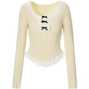 TAMMY TANGS | Sweet Style Lace Trim Knitted Top Womens Overhead Waist Cinched Slim Fit Base Shirt Long Sleeve Short Length Color Block