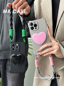 Couple Silicone Phone Case Full Cover with Lanyard Diagonal Carry Airbag Support for  16 17Pro Max Grey Womens Model 13 Heart