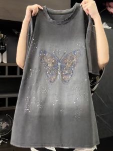 plus Size Womens T-Shirt Summer Loose Rhinestone Butterfly Knot Short Sleeve American Retro Top Korean Style Commute Casual