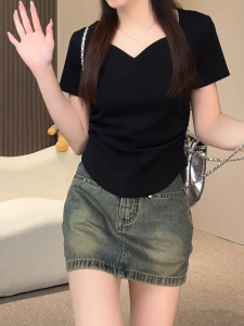 plus Size Womens T-Shirt Summer New Design Square Collar Short Sleeve Slimming Effect Shoulder Level Shirt Korean Style Commute Wind