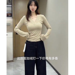 Pure Desire V-neck Shoulder-length Womens Base Layer Top Inner Wear Commute Style Korean Version Long Sleeve Bell Sleeve