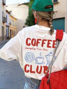 Womens Casual Round Neck Short Sleeve Coffee English Print T-Shirt Minimalist Design Versatile Daily Wear