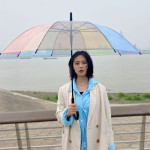 Transparent Long Handle Rain Umbrella Creative Japanese Style Rainbow Advertising High Aesthetic Value  And Natural Look