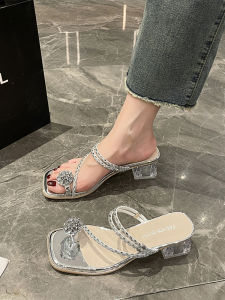 Two-Way Wear Diamond Toe Womens Sandals Fashionable Crystal Slip-On High Heels Fairy Tale Style Summer Open-Toe Shoes
