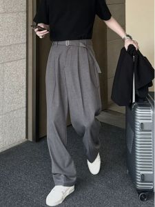 กางเกงขายาวทรงหลวมสไตล์เกาหลีสำหรับผู้ชาย สีเทา ดีไซน์เข็มขัด กางเกงขายาวผ้าไหมน้ำแข็ง กางเกงขายาวทรงหลวม สไตล์ลำลอง