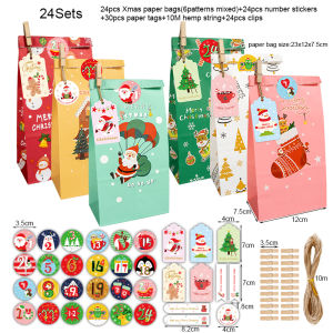 24Sets Advent Calendar Christmas Gift Bag Santa Claus Treat Bag with Clips Stickers Tags Countdown Xmas Party Wrapping Supplies