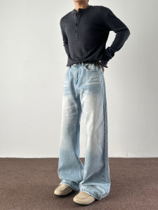 Retro American Washed Light Blue Mens Straight Leg Jeans Micro Flared CleanFit Single Item Pants Standard Loose Fit Jeans