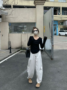 Early Autumn Korean Style Womens Fashion Set Wide Leg Pants Black T-Shirt Base Shirt White Casual Long Sleeve round Neck