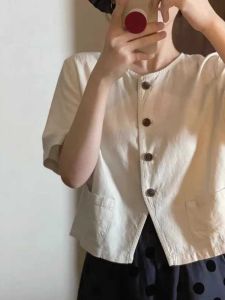 Summer New Thin Cotton Linen Shirt Short Sleeve Loose Top Womens Fashion Outerwear High-End Feeling Breathable Casual Blouse