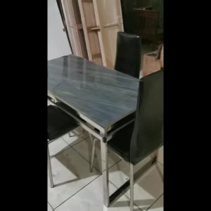 1 Set Meja Makan + 4 Kursi/ Full Stainless Steel / Batu Granit Asli