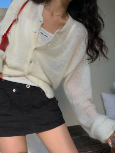 An Maiden Korean Style White round Neck Normcore Knitting Cardigan Womens Spring Lazy and Loose Thin Casual Tops