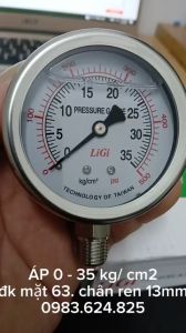 Đồng hồ đo áp suất dầu 0 - 35 kg/cm2 = 35bar Mặt 63 Ren 1/4 = 13mm Chân đứng