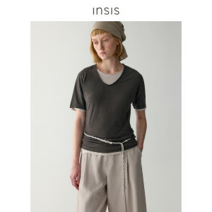 INSIS FEMME | Natural Organic Cotton Ramie V-Neck Gathered Irregular Short Sleeve T-Shirt