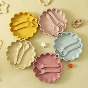 3PC Baby Silicone Tableware Set Cute Lion Shape Suction Plate Solid Color Spoon Fork Feeding Training Baby Dinner Set