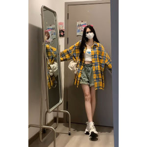 Yellow Plaid Long Sleeve Mens Shirt American Retro Style Spring Autumn Cleanfit Outerwear Casual Daily Wear Business Office