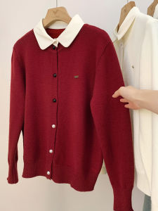 AMILUCK | Polo Collar Color Block Knitted Cardigan Metal Letter Embroidery Lucky Year Red Sweater Korean Style Loose Fit Long Sleeve