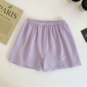 กางเกงขาสั้นผ้าไหมฤดูร้อนเอวสูงสําหรับผู้หญิงหลวมพอดีแลดูผอมสไตล์ลายสก๊อตบางส่วนสบายๆใช้ในบ้านยางรัดเอว