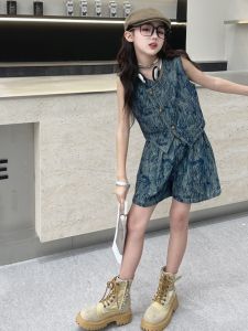 Cool Girls Clothing Print Denim Suit Summer Fashionable Stylish Sleeveless Vest Shorts Two-piece Set Fried Street
