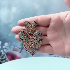 Heart Metal Decor Full Rhinestone Big Dangle Drop Earrings For Women Trend Charm Luxury Design Party Pendant Jewelry Accessories